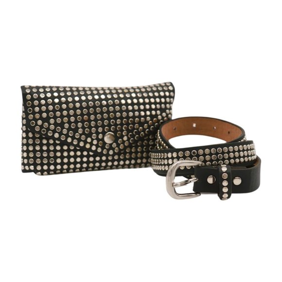 Women Black Faux Leather Skinny Belt + Wallet Bag Silver Studs Size S M z037 main image 11